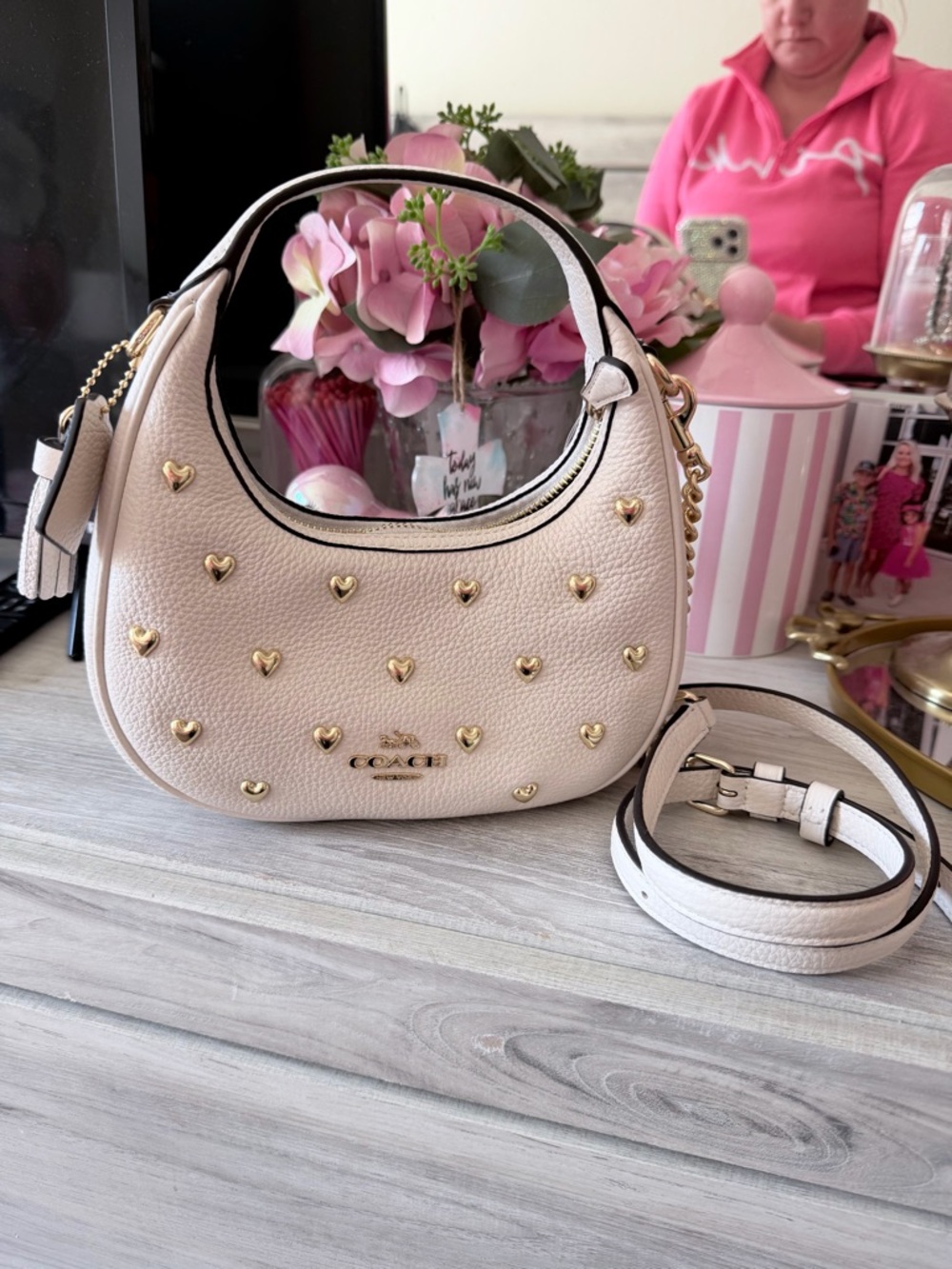 Coach Pebbled Leather Small Hobo Bag with Gold Heart Studs in white